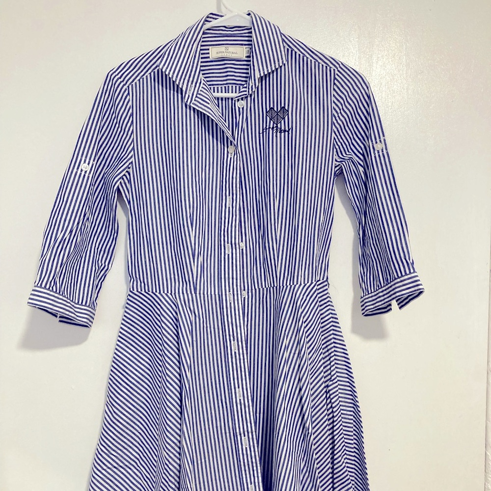 Blue and white striped shirt dress 100% cotton